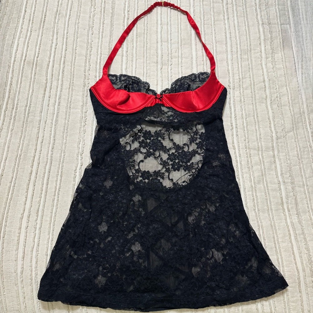 Vintage Victoria's Secret Sheer Black Lace  and Red Underbust Slip